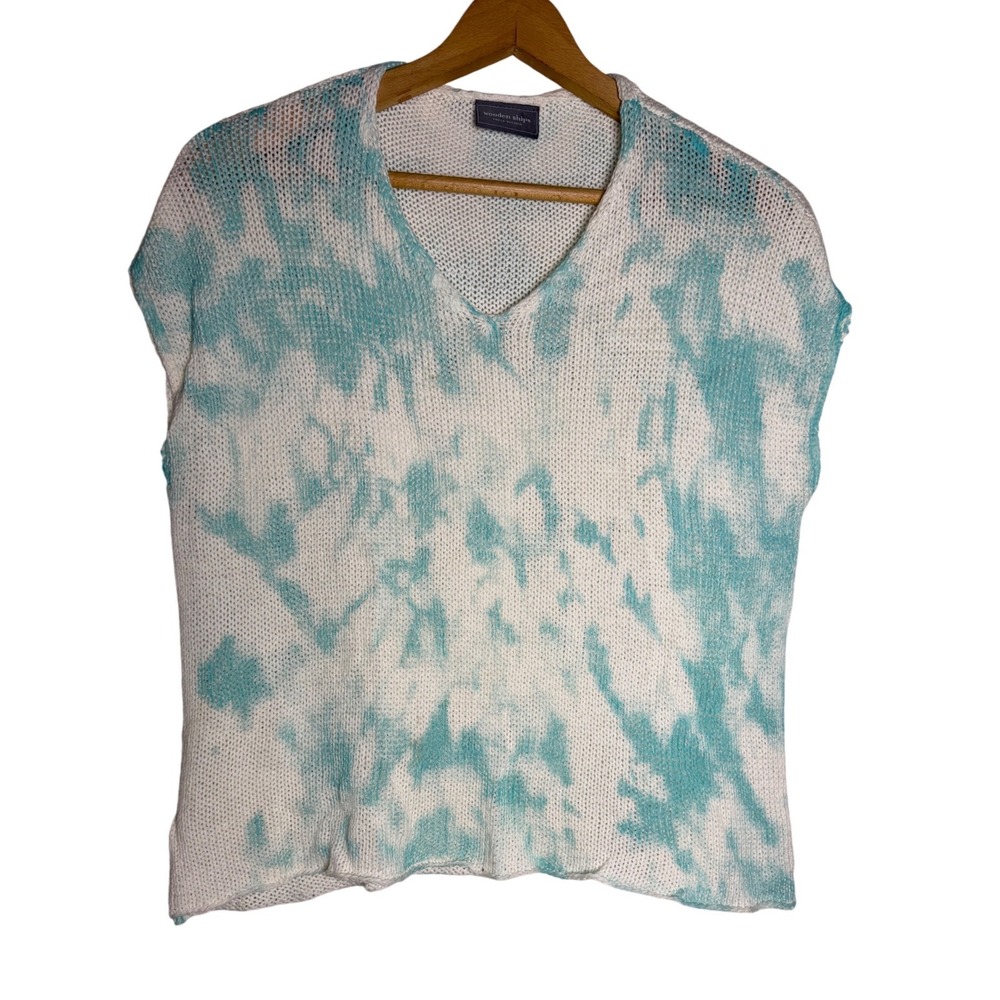 Wooden Ships Sweater Womens S/M Tie Dye White Turquoise V-Neck EUC‎
